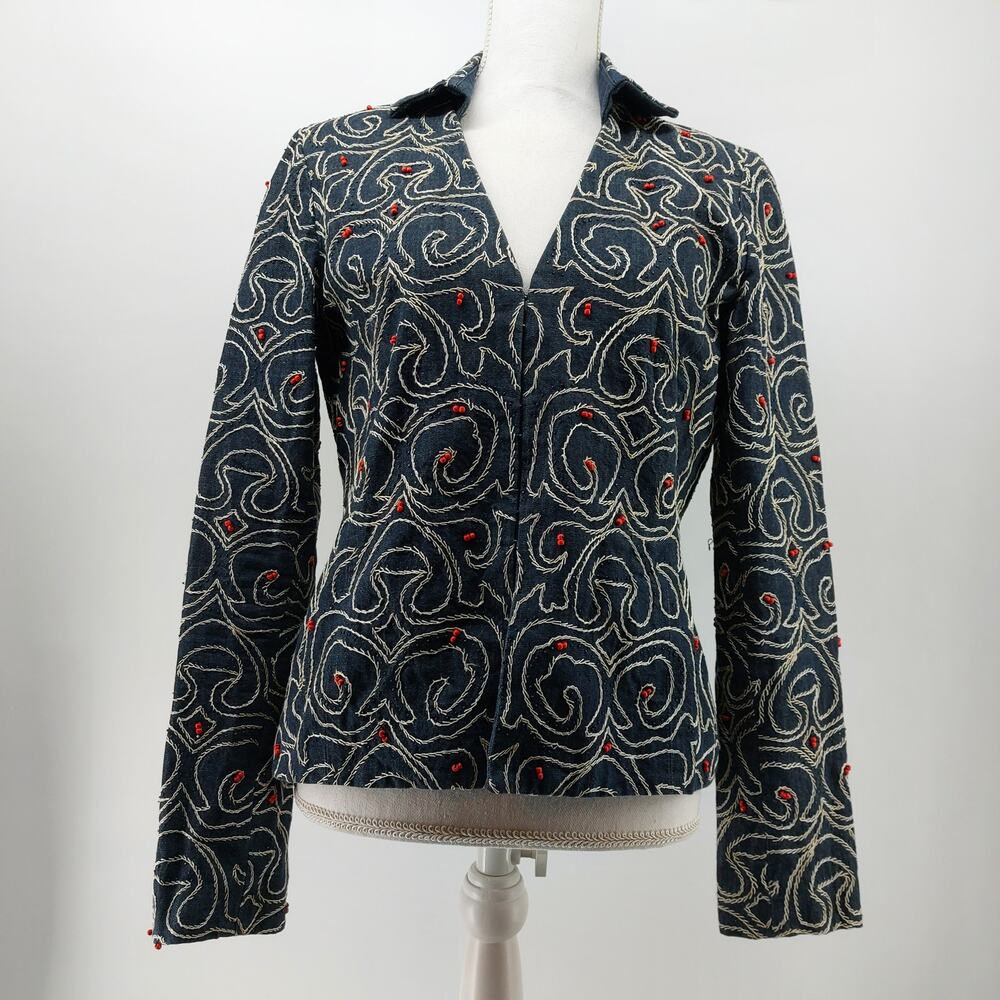 Anne Klein Size 8 Women's Denim Beaded Jean Jacket Blazer